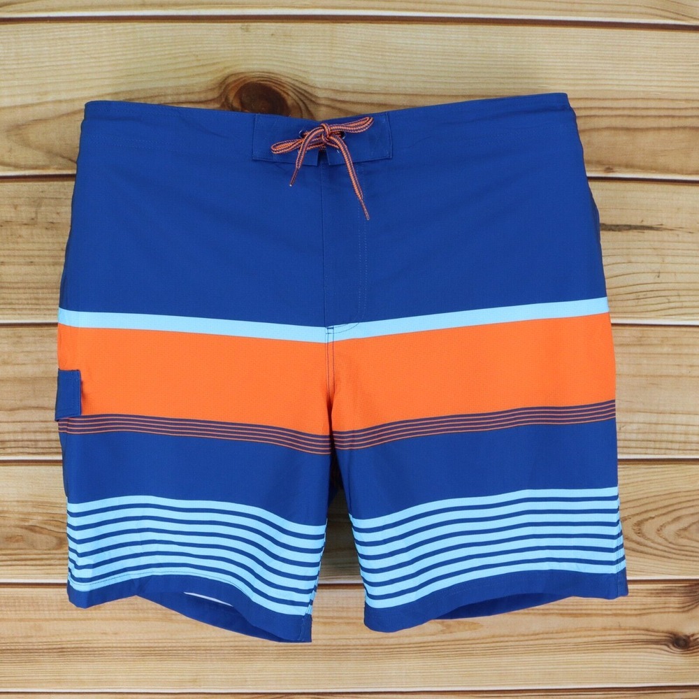 George Swim Trunks w/Liner Mens Size 2XL Blue‎ Orange Striped Pockets Drawstring